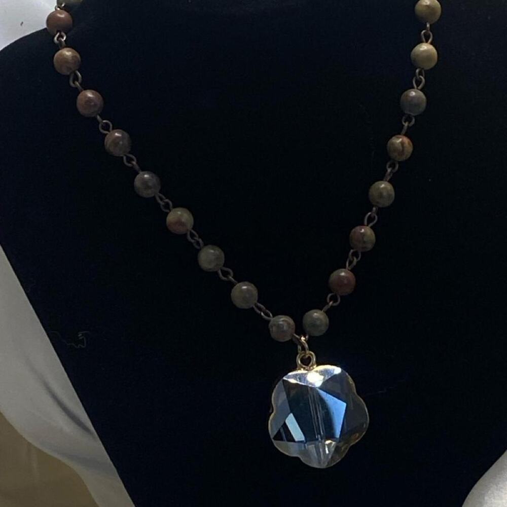 Vintage Robert Rose Jasper Bead Necklace Large Faceted Smoky Glass Pendant